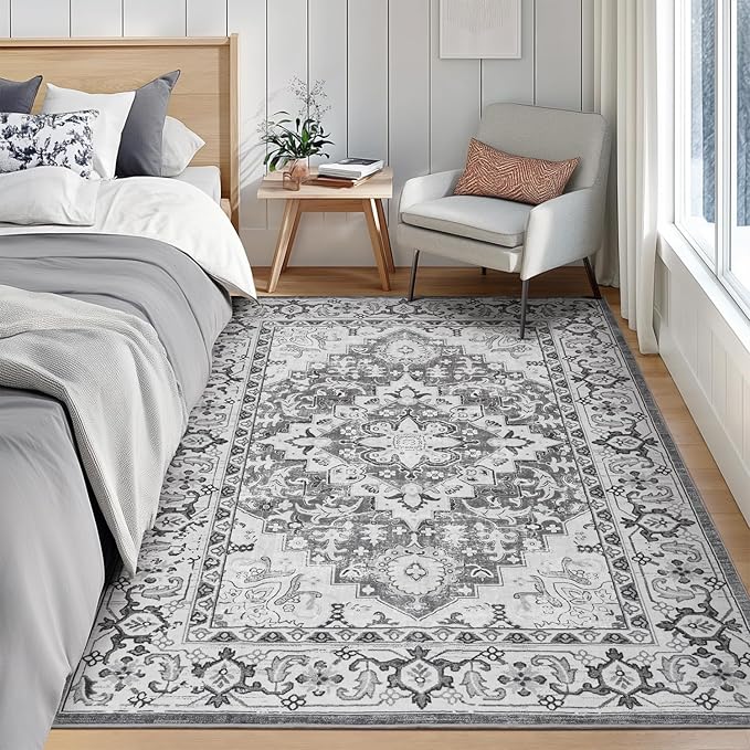 Lofus 6x9 Area Rugs for Living Room, Washable Area Rug, Rugs for Bedroom, Kitchen, Vintage Boho Carpet, Soft Non-Slip, Low Pile Large Area Rug for Office Dining Room, Floral Grey
