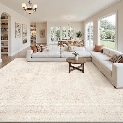 8x10 Area Rugs for Living Room: Vintage Boho Neutral Washable Rug Indoor Soft Large Area Rug Carpet for Bedroom Nursery Farmhouse Dining Room Office Floor Non-Slip Low Pile Under Table Rug Beige