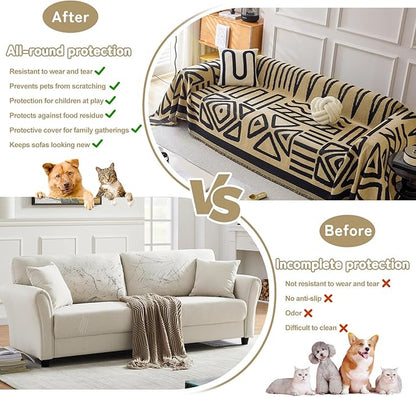 HANDONTIME Boho Geometric Couch Covers for Sofa Pet Friendly Taupe and Black Sofa Covers Washable Chenille Couch Blanket Cover for 2 3 Cushion Couches Pet Protector Furniture Cover Soft, 71" X 118"