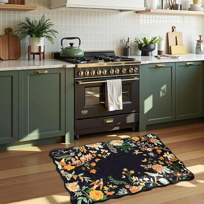 Rugflix Scalloped Floral Rug for Entryway, 2x3 Washable Non-Slip Kitchen Area Rugs, Small Low Pile Indoor Door Mat, Soft Entrance Carpet for Bathroom Bedroom, Dark Black