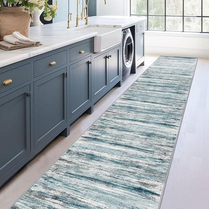 KOZYFLY Modern Abstract Hallway Runner Rug, 2.6x18 Washable Rug Runner Non-Slip Soft Striped Stair Runner Rugs, Print Blue Carpet Runner for Kitchen Entryway Bathroom Laundry Room Foyer