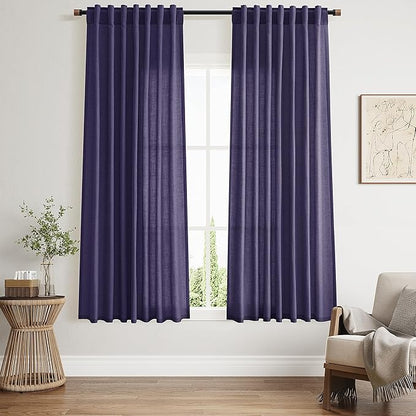 Purple Curtains 63 Inches Long 2 Panel Sets for Living Room Bedroom, Light Filtering Linen Drapes for Kitchen Windows Rod Pocket or Back Tab Curtain,Semi Sheer 52x63