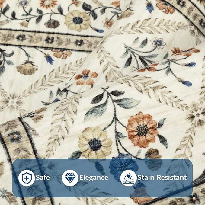 Floral Washable Entryway Rug Non-Slip 2x3 Front Door Mat Vintage Low-Pile Small Area Rugs Soft Non-Slip Indoor Stain Resistant Entry Mat for Entrance Bedroom Bathroom Beige