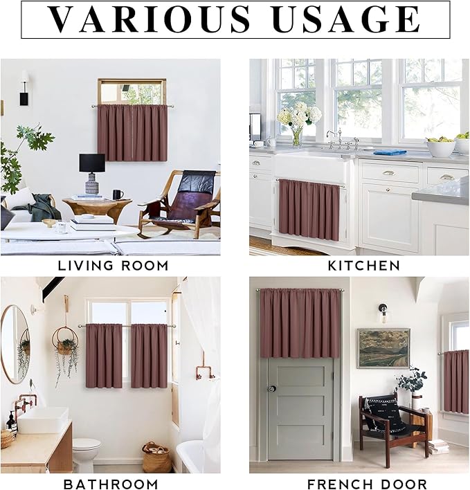 RYB HOME Blackout Bathroom Window Curtains, Short Thermal Insulated Heat Blocking Rod Pocket Half Window Curtain Tiers for Nursery Bedroom, Width 42 by Length 30, Chocolate Brown, 2 Panels