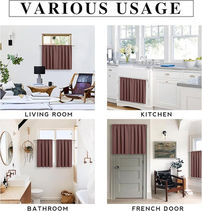 RYB HOME Blackout Bathroom Window Curtains, Short Thermal Insulated Heat Blocking Rod Pocket Half Window Curtain Tiers for Nursery Bedroom, Width 42 by Length 30, Chocolate Brown, 2 Panels