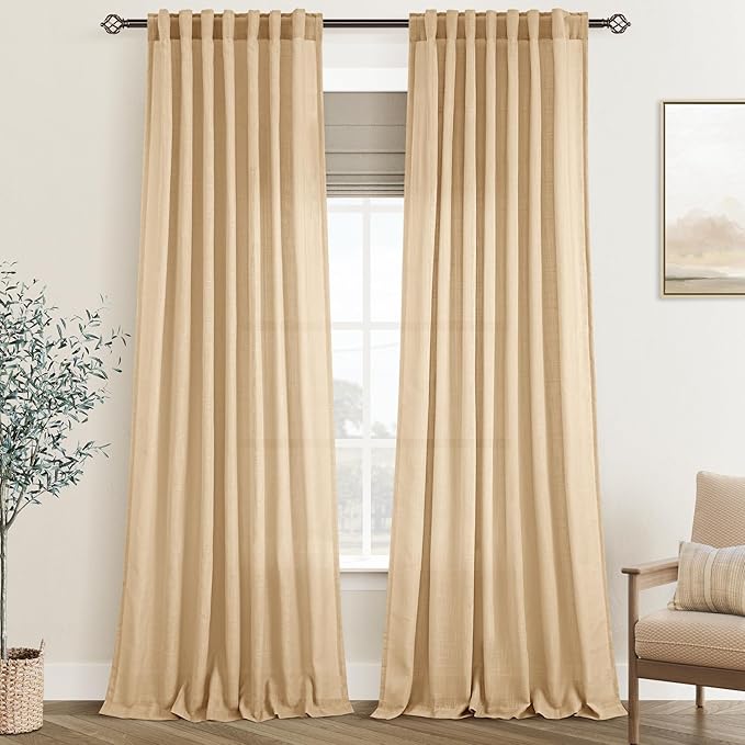 Tan Linen Curtains 102 inches Long for Living Room Back Tab Rustic Farmhouse Semi Sheer Light Filtering Window Curtain Dining Room Soft Thick Flax Linen Textured Drapes Kahki 52x102