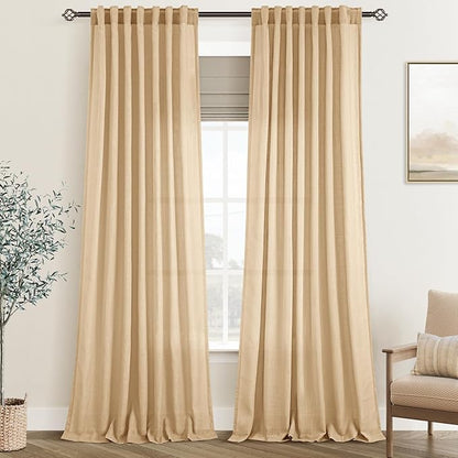 Tan Linen Curtains 102 inches Long for Living Room Back Tab Rustic Farmhouse Semi Sheer Light Filtering Window Curtain Dining Room Soft Thick Flax Linen Textured Drapes Kahki 52x102