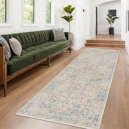 Vintage Beige Blue 3x12 Runner Rug for Hallway, Kitchen, Bathroom, Entryway Indoor, Washable Non Slip Rubber Backing Stain Resistant - Botanical Home Decor