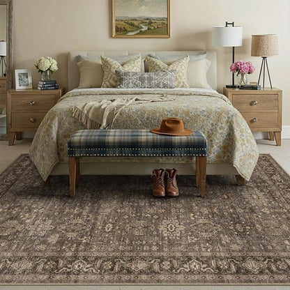 9x12 Washable Area Rug for Living Room Bedroom Vintage Brown Non Slip Carpet Traditional Retro Soft Low Pile Large Throw Rug for Dining Room Kitchen Office Indoor