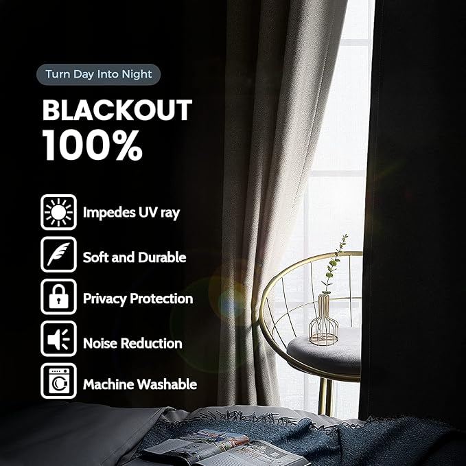 SimpleHome 100% Blackout Curtains for Bedroom,Thermal Insulated Natural Grommet Window Drapes Room Darkening Curtains for Living Room with Black Back,52 x 63 Inch,2 Panels