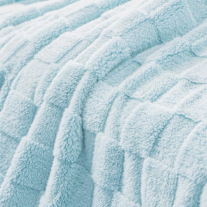 Exclusivo Mezcla Twin Size Flannel Fleece Blanket, Super Soft and Warm Lightweight Checkered Pattern Blankets for All Seasons, 60x80 Inches, Light Blue