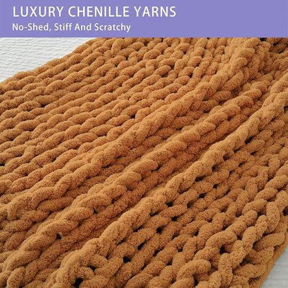 Bigacogo Chunky Knit Throw Blanket for Couch, 40x40 inches, 100% Hand Knitted with Thick Jumbo Chenille Yarn, Cozy Soft Large Rope Knot Cable Crochet Blankets for Sofa Bed Living Room, Burnt Orange