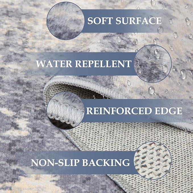 Washable Area Rugs Square 8ft Non-Slip Modern Abstract Soft for Living Room Entryway Bedroom Nursery, Print Pattern, Purple Grey Cream Yellow