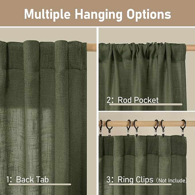 LAMIT Olive Green Linen Curtains 63 Inch for Bedroom, Light Filtering Neutral Semi Sheer Window Curtains Back Tab and Rod Pocket Christmas Panels, 2 Panels, 52 x 63 Inch