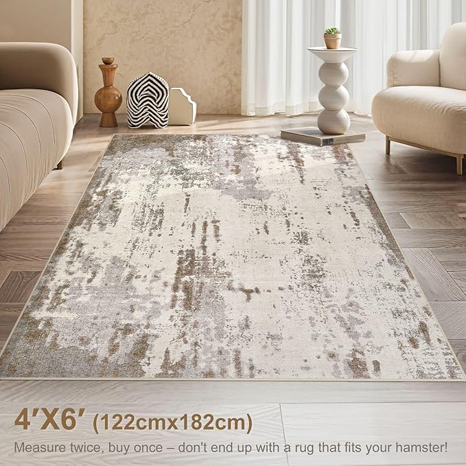 UERMEI 4x6 Area Rug Living Room Rugs - Washable Neutral Modern Abstract Soft Thin Rug Indoor Floor No Slip Rug Carpet for Bedroom Under Dining Table Home Office Decor - Brown/Grey/Beige