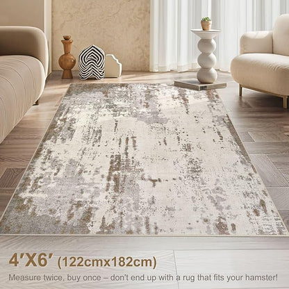 UERMEI 4x6 Area Rug Living Room Rugs - Washable Neutral Modern Abstract Soft Thin Rug Indoor Floor No Slip Rug Carpet for Bedroom Under Dining Table Home Office Decor - Brown/Grey/Beige