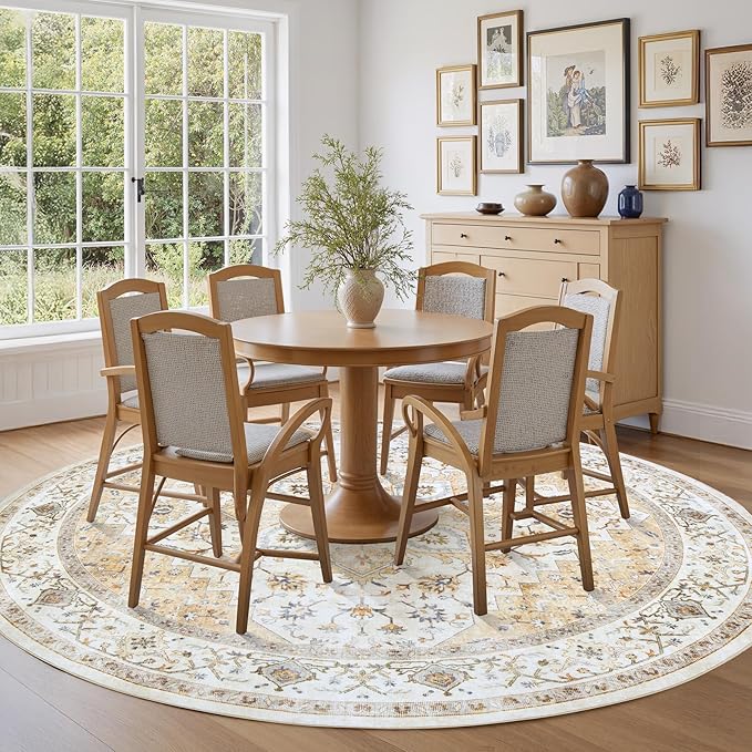 AMADA HOMEFURNISHING Round 6ft Area Rugs, Low-Profile Washable Rug with Non-Slip Backing & Durable Edge Binding, Vintage Rugs for Living Room, Bedroom, Dinning Room