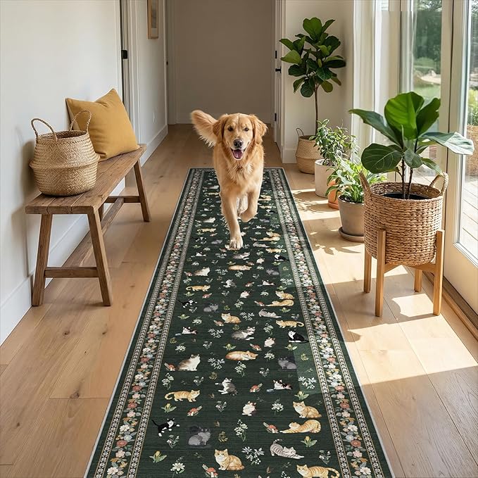 2x10 Washable Hallway Runner Rug - Soft Low Pile Floral Animal Cat Print Rugs with Non-Slip Backing Waterproof Stain-Resistant Indoor Carpet for Kitchen Entryway Bathroom Bedroom (Sage Green)