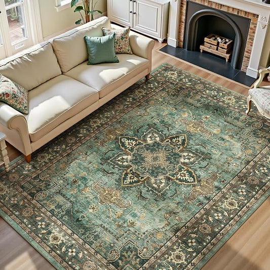 Lofus 8x10 Area Rugs for Living Room, Washable Area Rug, Rugs for Bedroom, Kitchen, Vintage Boho Carpet, Soft Non-Slip, Low Pile Large Area Rug for Office Dining Room, Green