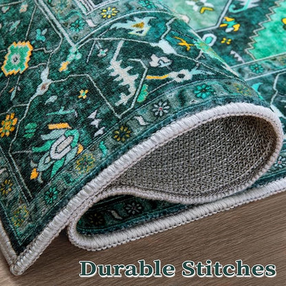 SERISSA 4x6 Boho Bedroom Rug, Washable Non Slip Vintage Teal Area Rugs, Ultra Soft Print Distressed Tribal Entry Rug Low-Pile Throw Carpet for Nursery Dorm Kitchen Living Room Decor
