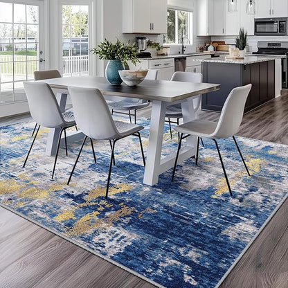 Washable Area Rugs 6'x8' Non-Slip Modern Abstract Soft for Living Room Entryway Bedroom Nursery, Print Pattern, Grey Blue Gold/Golden