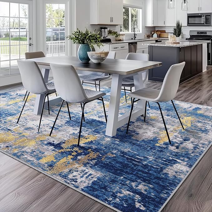 Washable Area Rugs 10'x14' Non-Slip Modern Abstract Soft for Living Room Entryway Bedroom Nursery, Print Pattern, Grey Blue Gold/Golden
