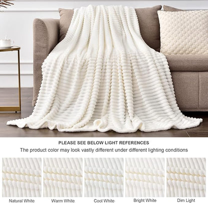 BEDELITE Fleece Blanket King Size – 3D Ribbed Jacquard Soft and Warm Decorative Fuzzy Blankets – Cozy, Fluffy, Plush Lightweight Throw Blankets for Couch, Bed, Sofa(Off White, 108x90 inches)