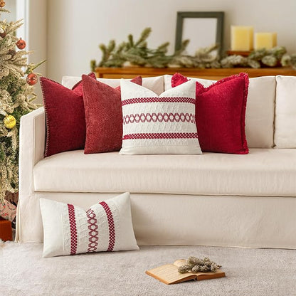 MIULEE Pack of 2 Christmas Pillow Covers 12x20 Inch Red Farmhouse Decorative Throw Pillow Covers with Stitched Edge Soft Chenille Solid Dyed Couch Pillow Covers for Sofa Bed Living Room