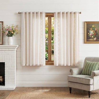 jinchan Belrose Linen Floral Cafe Curtains 45 Inch Length Embroidered Farmhouse Curtains for Kitchen Bedroom Bathroom Small Windows Curtain Set Light Filtering 2 Panels Ivory
