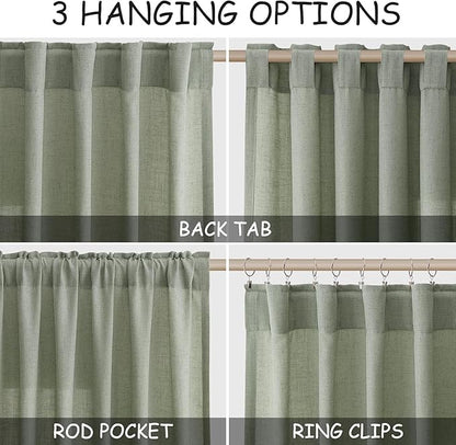 Desert Sage Linen Curtains for Living Room 94 Inches Long Light Filtering Semi Sheer Curtain Back Tab Rustic Farmhouse Decor Elegant Luxury Boho Drapes for Bedroom Dinner Room 52x94, 2 Panels