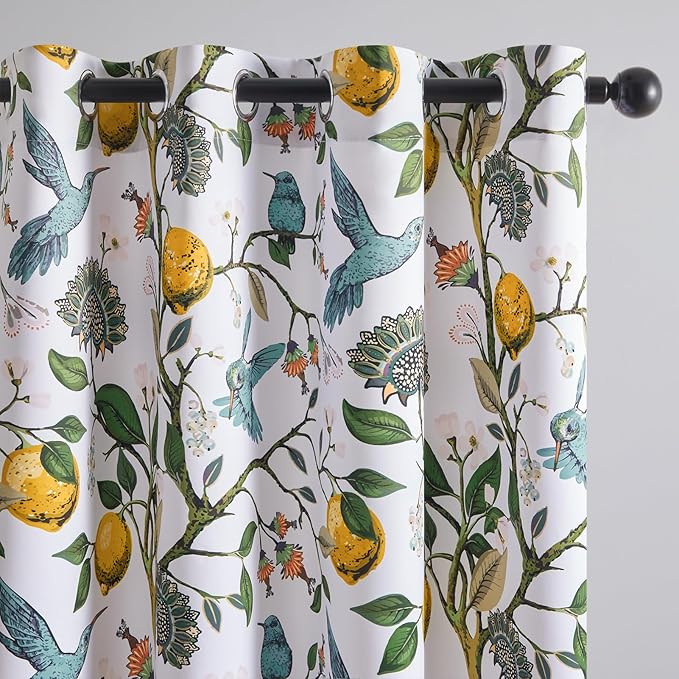 Topfinel 54 Inches Long Short White Blackout Curtains for Cafe Kitchen, Grommet Room Darkening Luxury Floral Lemon Hummingbird Patterned Waverly Colorful Drapes for Living Room Bedroom