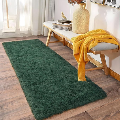 Soft Runner Rugs for Bedroom Hallways, 2x6 Green Fluffy Shag Throw Area Rug Non Slip for Bedside Dorm, Long Shaggy Furry Carpet for Nursery Living Room