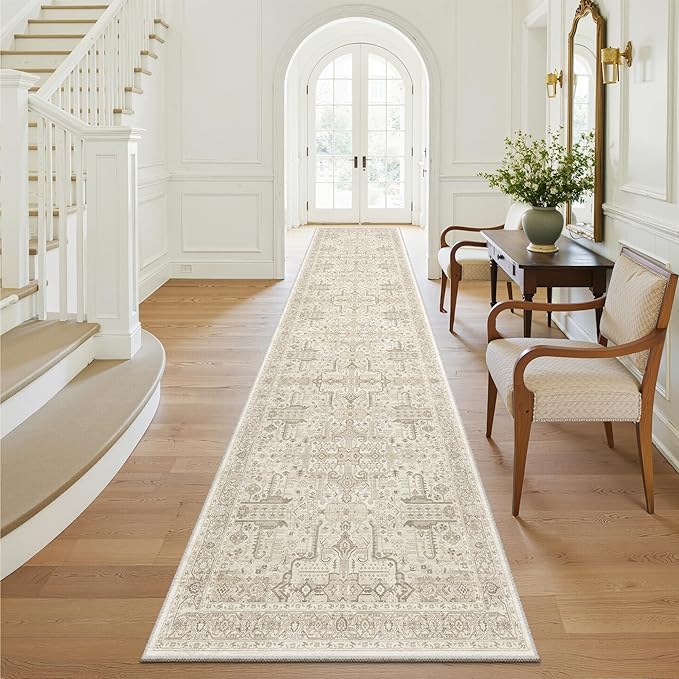 Hallway Washable Runner Rug 2x10 - Non Slip Vintage Kitchen Runner Rugs for Entryway Low-Pile Waterproof Long Runners for Living Room Bedroom Medallion Indoor Floor Mat for Bathroom Laundry Beige