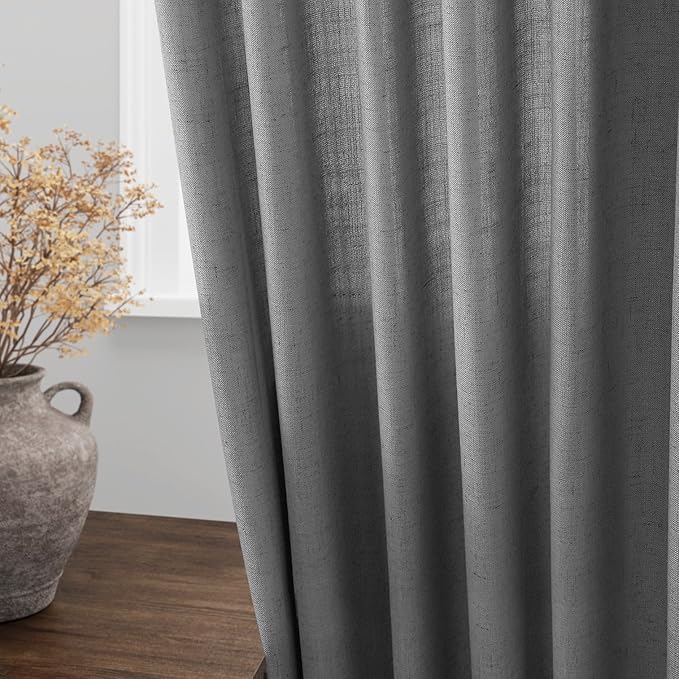 Dark Grey Linen Curtains 84 Inches Long for Bedroom Rod Pocket Back Tab Light Filtering Privacy Semi Sheer Curtain Farmhouse Decor Cotton Textured Drapes for Living Room 2 Panels Set 52x84 Inch