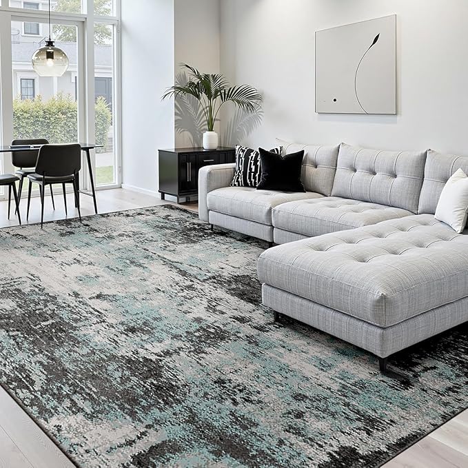 Washable Area Rugs 6'x8' Non-Slip Modern Abstract Soft for Living Room Entryway Bedroom Nursery, Print Pattern, Blue Black Teal