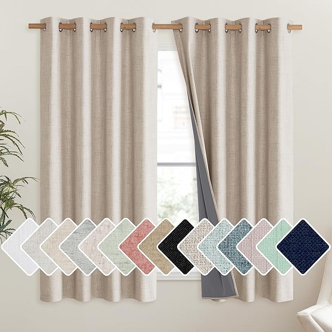 NICETOWN Cream 100% Blackout Short Curtains 63 inches Lenghth Burg for Kitchen, 2 Panels, Burlap Linen Drapes with Thermal Insulated Grey Liner, Keeping Out Cold Air and Heat Panels