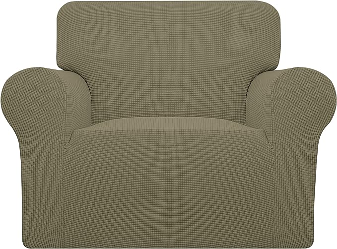 Easy-Going Stretch Chair Sofa Slipcover 1-Piece Couch Sofa Cover Furniture Protector Soft with Elastic Bottom for Kids, Pet. Spandex Jacquard Fabric Small Checks (Chair, Khaki)
