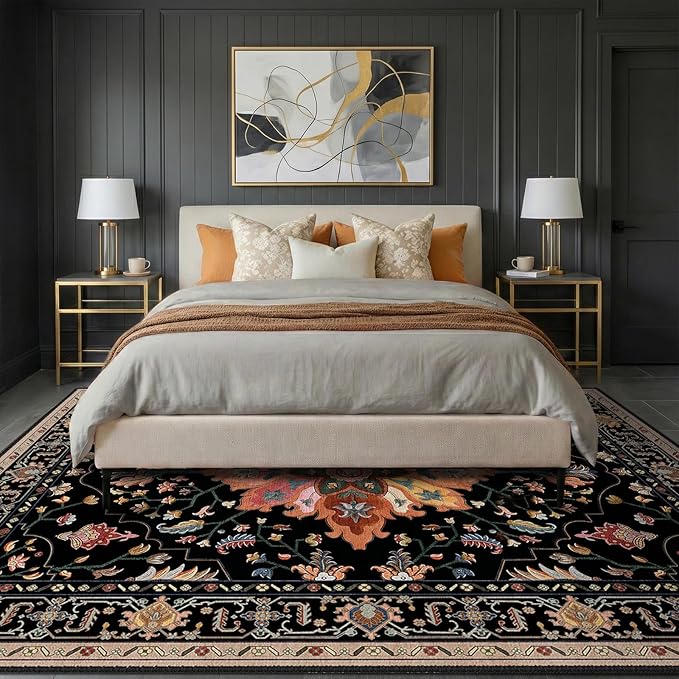 Area Rugs 8'x10' Washable Non-Slip, Floral Vintage Distress Print Pattern Medallion Carpet for Living Room Bedroom Dining Room, Black Colorful Floral Dark Tan