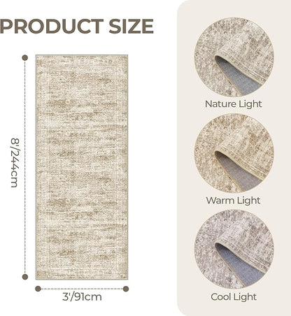 3x8 Runner Rug Non Slip Washable for Entryway, Vintage Hallway Runner for Front Porch, Laundry Room, Bedroom, Abstract Stain Resistant Thin Indoor Kitchen Mats for Floor(3'x8', Brown/Ivory)