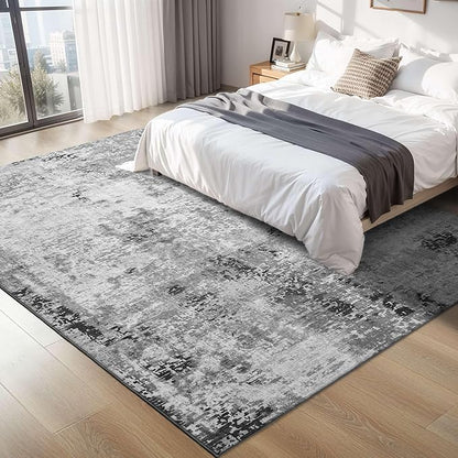 Living Room Rug 6x9 Gray Area Rug Machine Washable Boho Carpet Non Slip Abstract Vintage Indoor Large Rugs for Bedroom, Classroom, College Dorm, Farmhouse, Dining Room, Kids Playroom