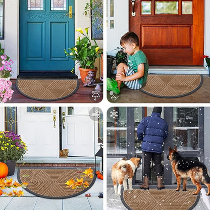 Smiry Half Circle Front Door Mat Outside Entrance, Heavy Duty Sturdy Natural Rubber Doormat, Trap Dirt and Moisture, Low Profile Mats for Indoor Outdoor Entry, Irregular Triangle (29.5x17, Coffee)