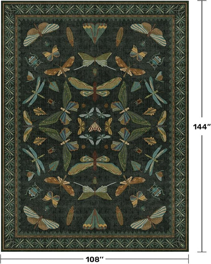 Hazo Haus Forest Green Rugs for Living Room - 9x12 Big Rugs for Bedroom, Dining Room, Guest Room, Insect Moth Décor, Non Slip Low Pile