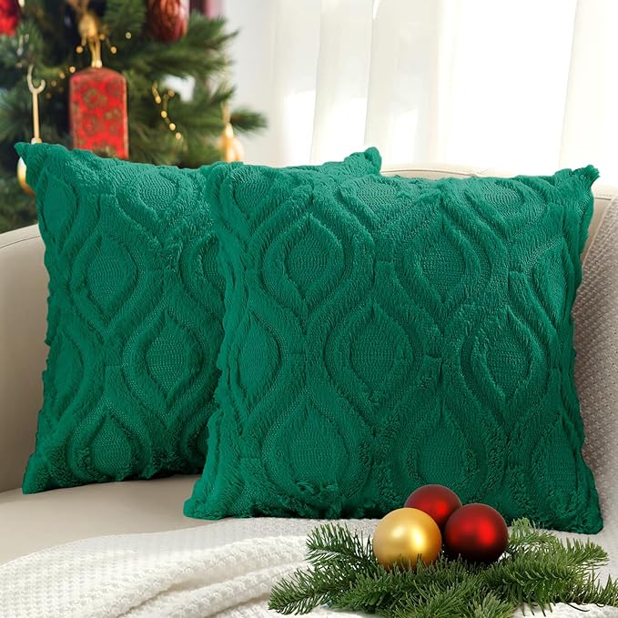 decorUhome Throw Pillow Covers 16x16 Inch Set of 2, Soft Plush Faux Wool Green Solid Couch Pillow Covers, Accent Farmhouse Neutral Square Pillow Cases for Sofa Bed Living Room