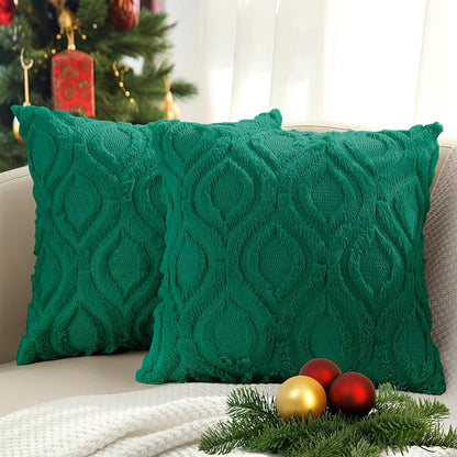 decorUhome Throw Pillow Covers 16x16 Inch Set of 2, Soft Plush Faux Wool Green Solid Couch Pillow Covers, Accent Farmhouse Neutral Square Pillow Cases for Sofa Bed Living Room