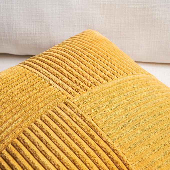 Fancy Homi 2 Packs Gold Yellow Spring Decorative Throw Pillow Covers 16x16 Inch for Couch Bed Sofa, Rustic Farmhouse Boho Home Decor, Soft Corss Patchwork Corduroy Textured Square Cushion Case 40x40cm