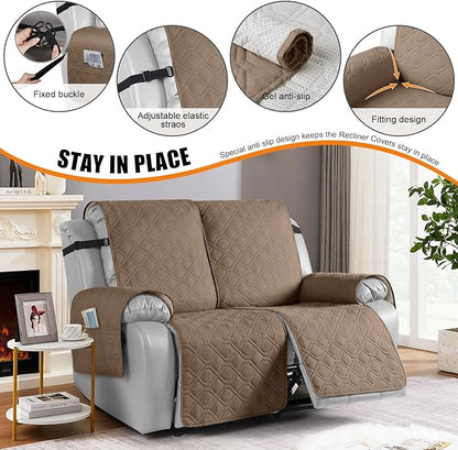VANSOFY Waterproof Recliner Couch Covers, Sofa Covers 1-Piece Washable Reclining Sofa Cover Non-Slip Furniture Protector with Elastic Straps Pocket for Dogs, Pets(Light Brown,2 Seater)