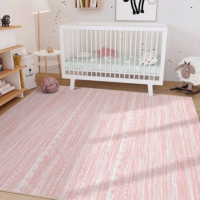 Nakagishi Pink Rugs for Bedroom Girls: 7x9 Washable Boho Large Neutral Cute Soft Area Rug Modern Indoor Floor Non Slip Accent Carpet for Living Room Nursery Kids Playroom Preppy Room Dorm Baby Room