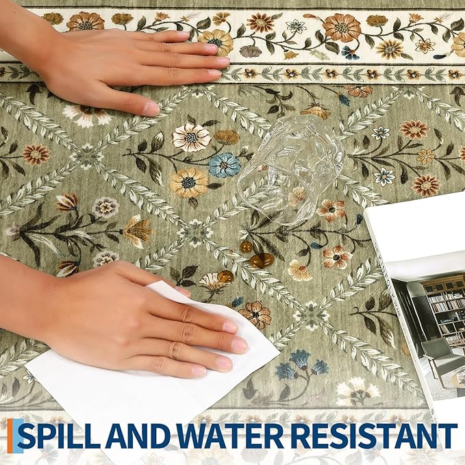 GarveeHome 8x10 Washable Large Living Room Rug Water Resistant Distressed Vintage Floral Rug Non Slip Low Pile Soft for Bedroom Farmhouse Dining Room Kids Playroom Nursery Green