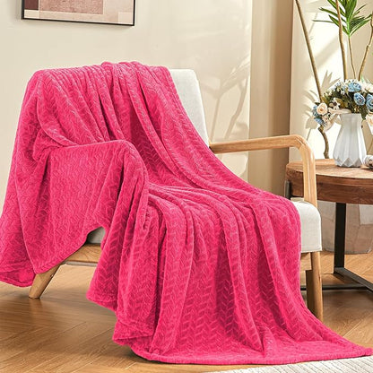 inhand Hot Pink Fleece Twin Blanket, Lightweight Leaves Pattern Fuzzy Blanket for Couch Sofa, All Season Use, 60 x 90 Inches