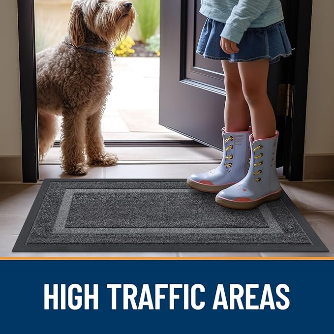 OLANLY Front Door Mat Indoor Outdoor Entrance, Waterproof All-Season, All-Weather Doormat, Sturdy Natural Rubber, Fade Resistant, Low Profile, Easy Clean Patio Porch Entryway Mat, 59x30, Grey